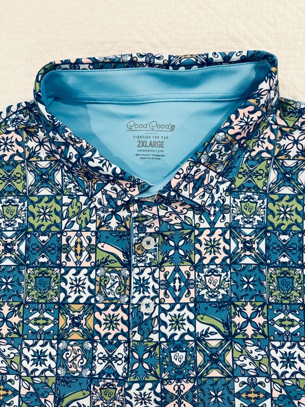 Good Good 2XL Blue & Green Tile-Print Men's Performance Polo